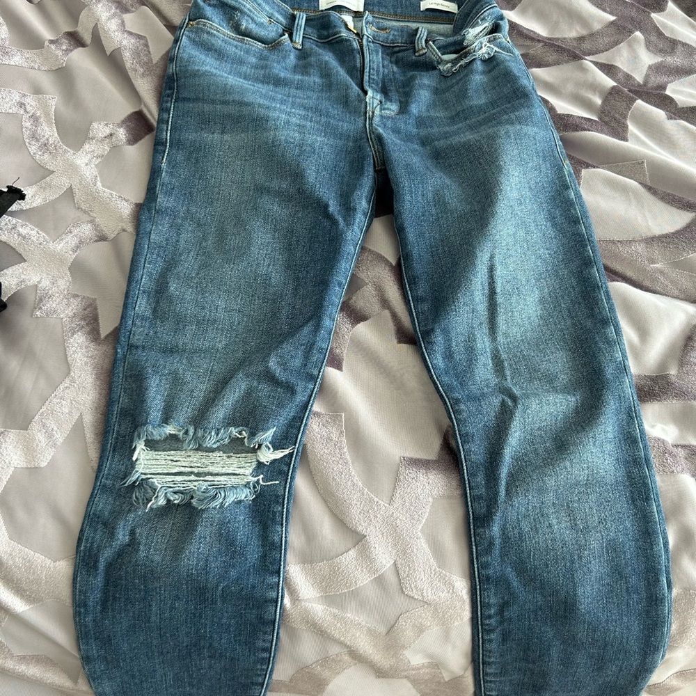 Frame Denim Blue Skinny Jeans with Distressed Details